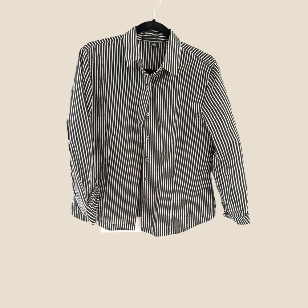 Linda Allard Ellen Tracy Black White Striped Button Down Blouse Womens 12 Cotton